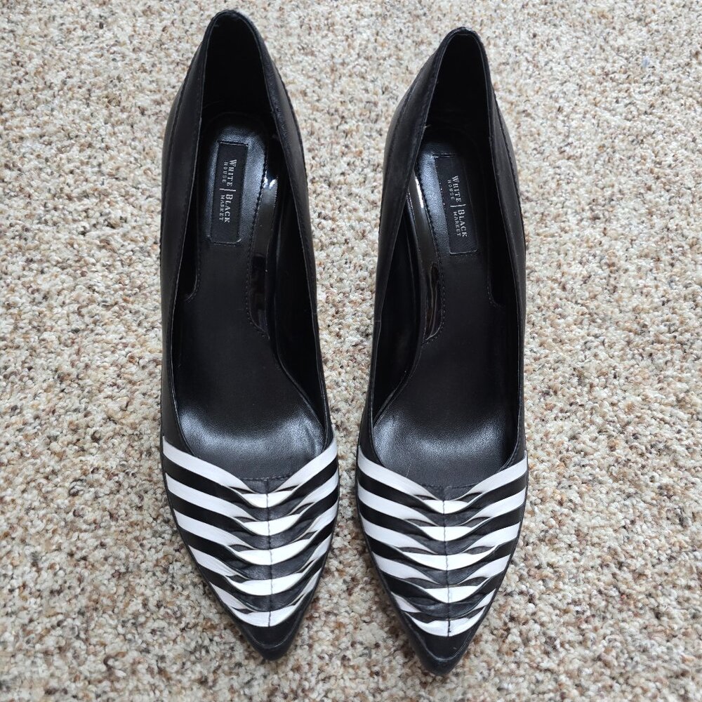 WHITE House Black Market Scarlett Black White Striped Pumps Size 9.5M